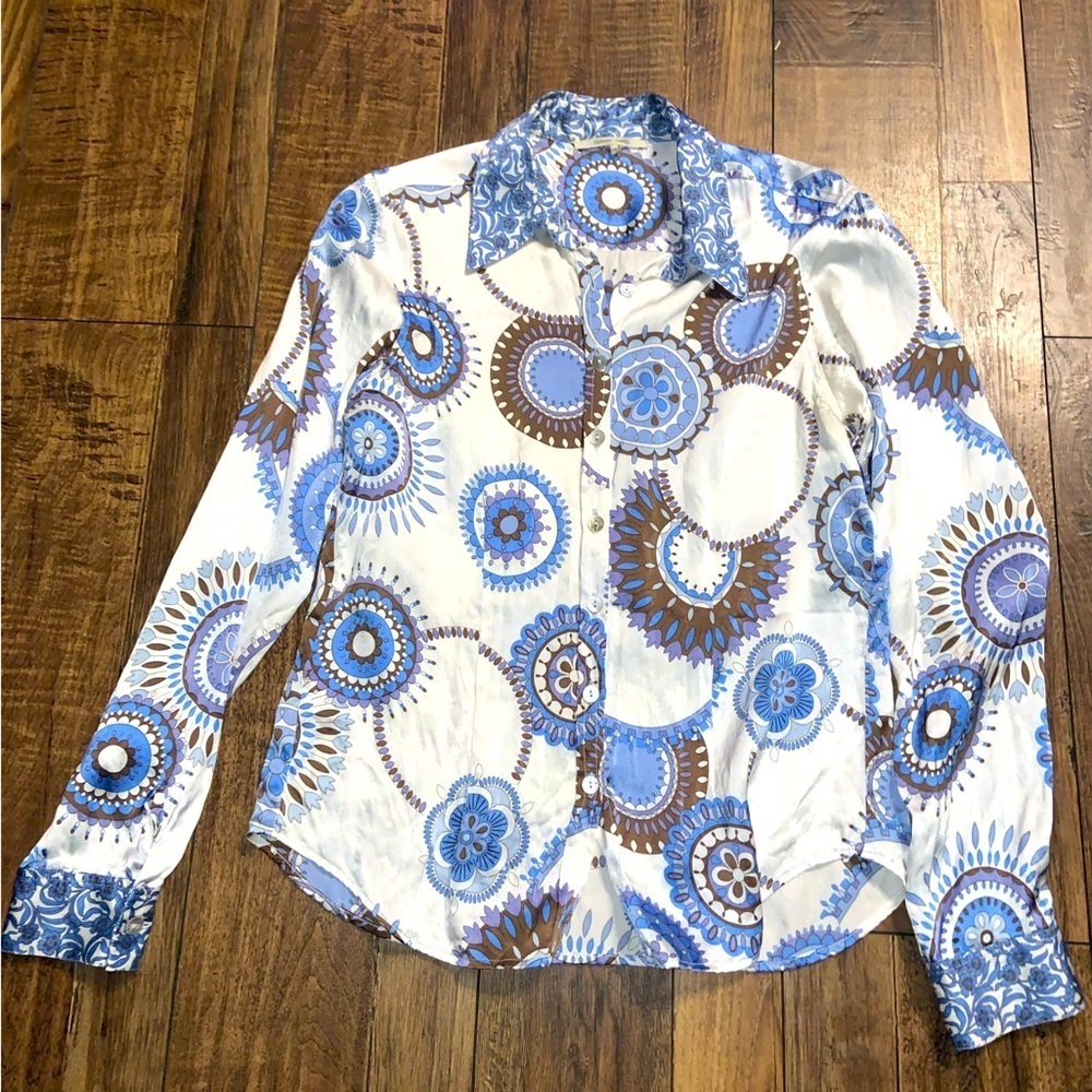 Gerard darel paris silk casual Shirt button down blue white classic fall top
